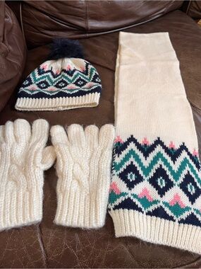 Kids Cream Knit Hat, Scarf & Glove Set with Pink and Teal Fair Isle Pattern